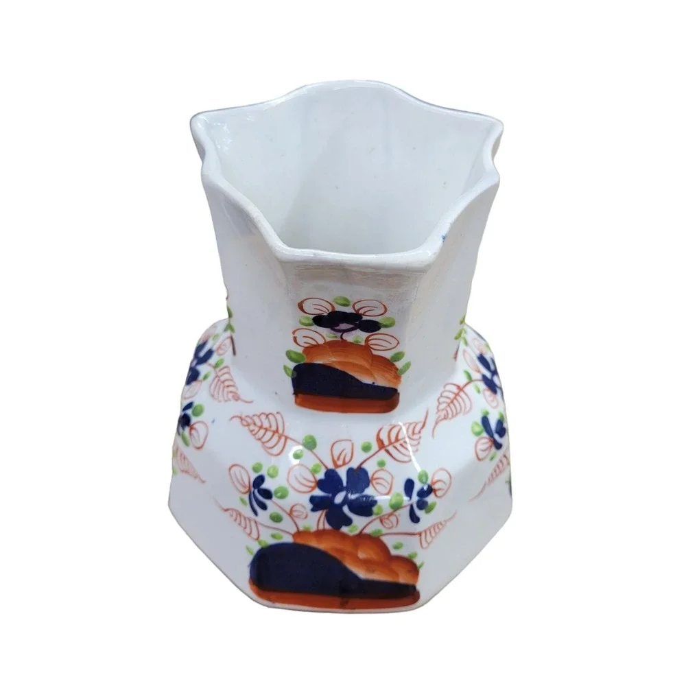Antique Pitcher Jug Octagon Shape Cobalt Blue Orange Green Ceramic Floral 8 Side